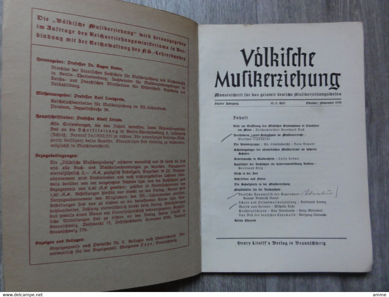 Völkische Musikerziehung  (boek Duits)  Oktober, November 1939  - Monatsschrift Fur Das Musikerziehungswesen - Muziek