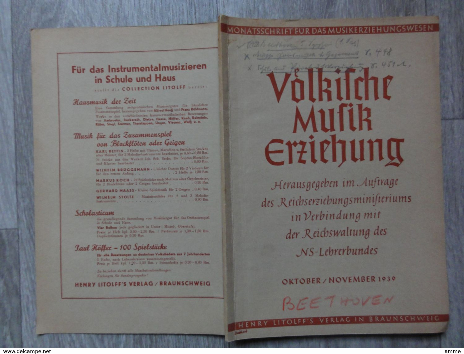 Völkische Musikerziehung  (boek Duits)  Oktober, November 1939  - Monatsschrift Fur Das Musikerziehungswesen - Music