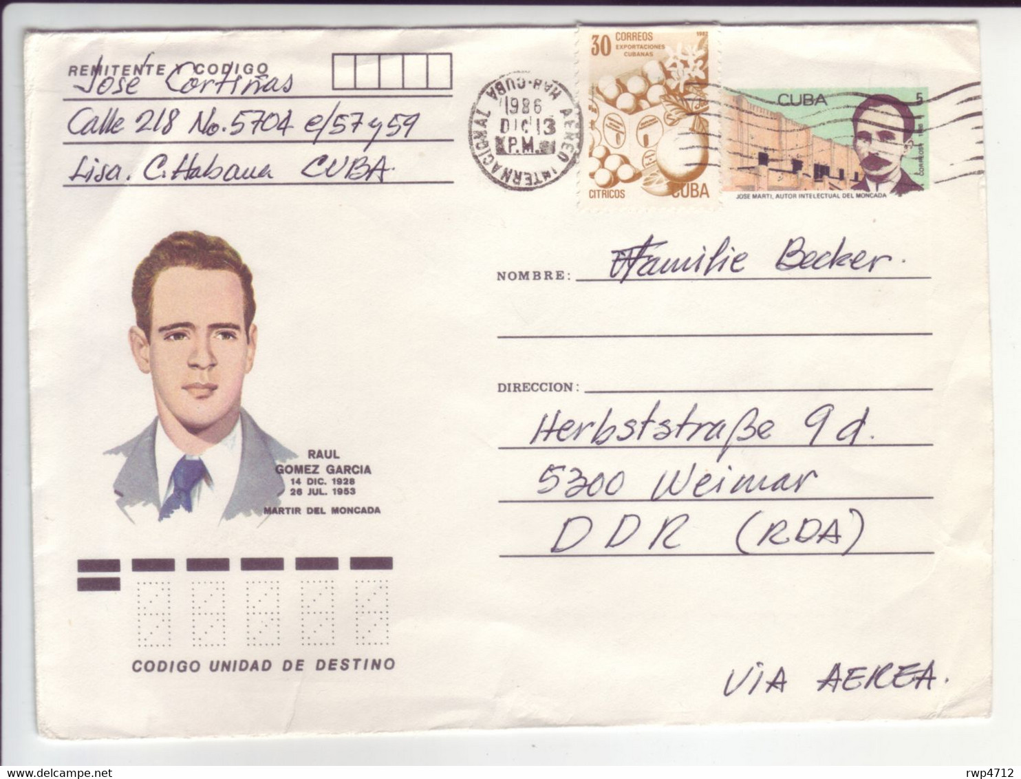 CUBA   Ganzsachenumschlag  Postal Stationery 1986 To Germany/GDR - Brieven En Documenten