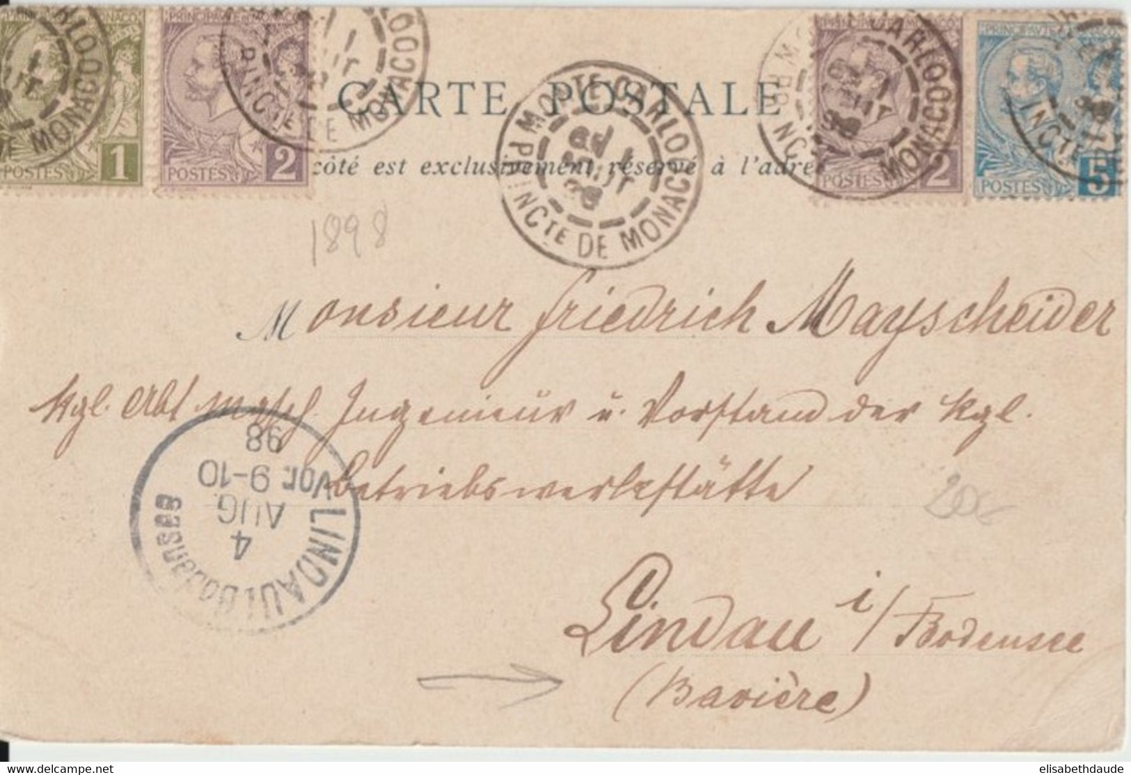 MONACO - 1898 - CP De MONTE CARLO => LINDAU (BAYERN) - Lettres & Documents