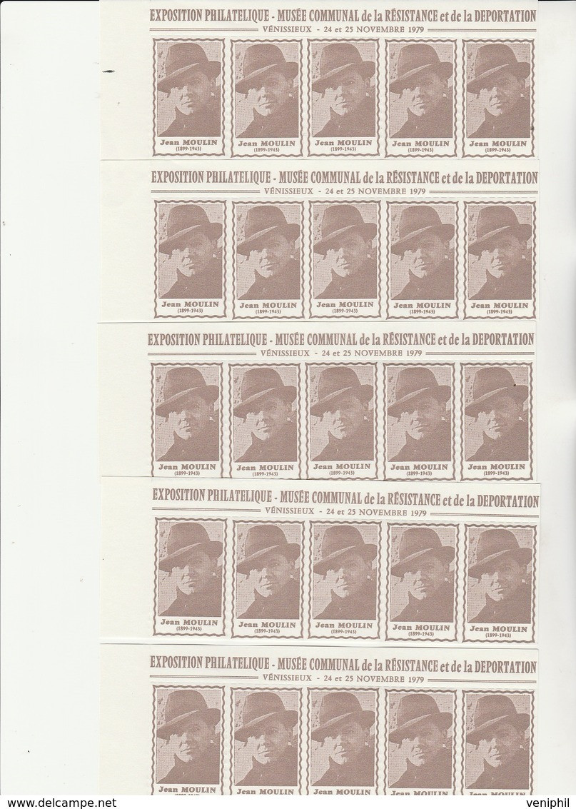 JEAN MOULIN - LOT DE 100 VIGNETTES EN BANDE DE 5 - EXPO MUSEE COMMUNAL RESISTANCE VENISSIEUX -1979 - Esposizioni Filateliche