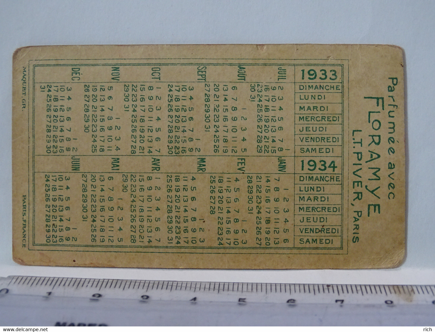 Calendrier 1933-34 -  Parfum, Carte Parfumée Avec Floramye  Lt Piver Paris - Formato Piccolo : 1901-20