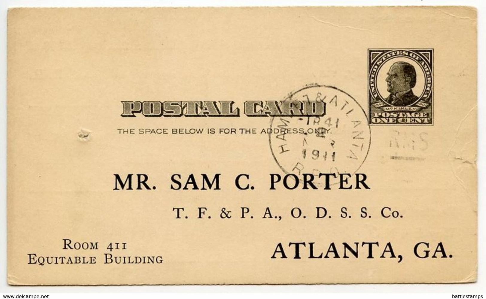 United States 1911 Scott UX19 Postal Card Hamlet & Atlanta RPO; Abbeville, South Carolina To Atlanta, Georgia - 1901-20