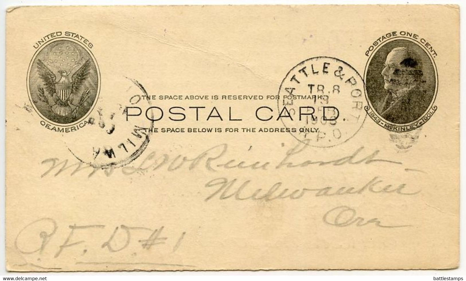 United States 1903 Scott UX18 Postal Card Seattle & Portland RPO; To Milwaukee, Oregon - 1901-20