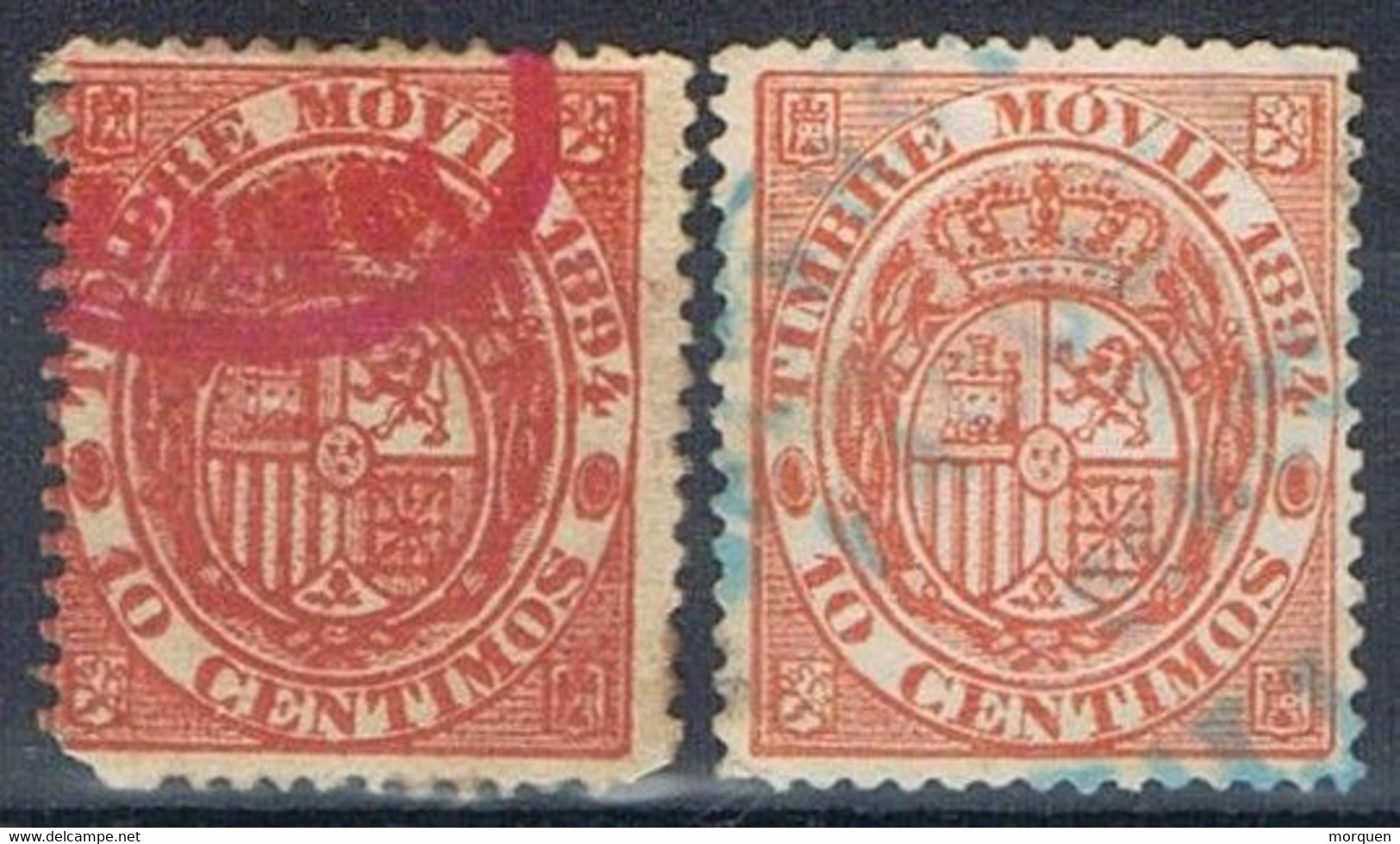 Dos Sellos Fiscal Postal, Timbre Movil 1894, VARIEDAD Color, Num 14-14a º - Fiscal-postal