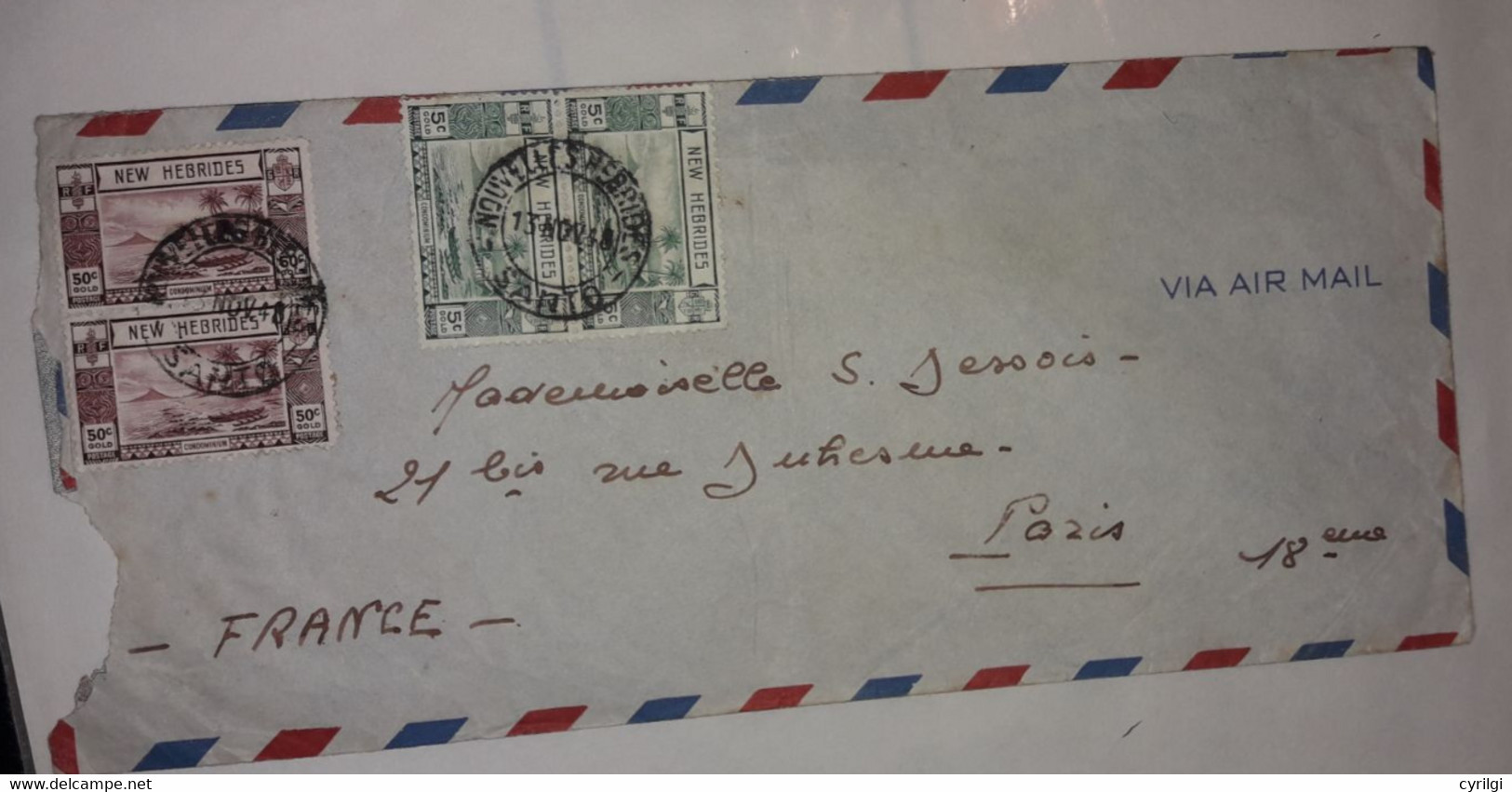 13 Nov 1948 - Enveloppe Nouvelle Hebrides - Santo Pour Paris - Paire De 50c + Paire De 5c - Cartas & Documentos