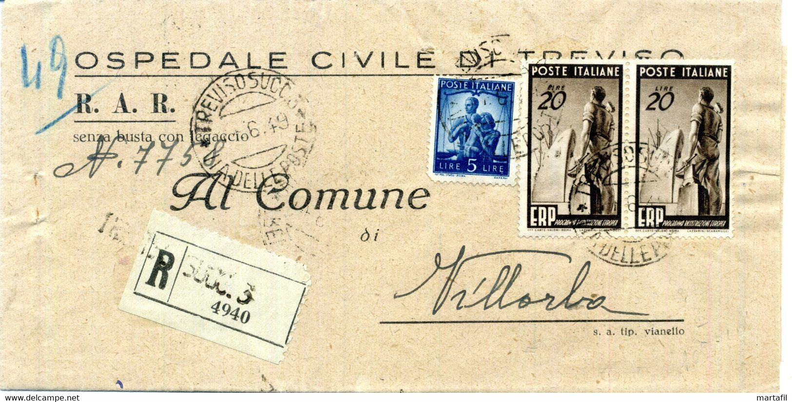 1949 Lettera Raccomandata Per VILLORBA (LANCENIGO Retro) Affr. ERP 20lire X 2 - 1946-60: Poststempel