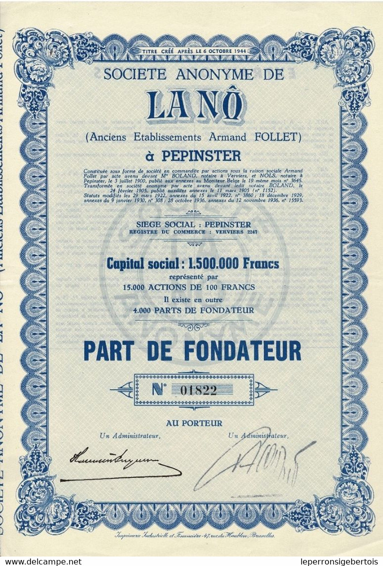 Titre De 1936 - Société Anonyme De Lanö à Pépinster - Anciens Etablissements Armand Follet - - Textil