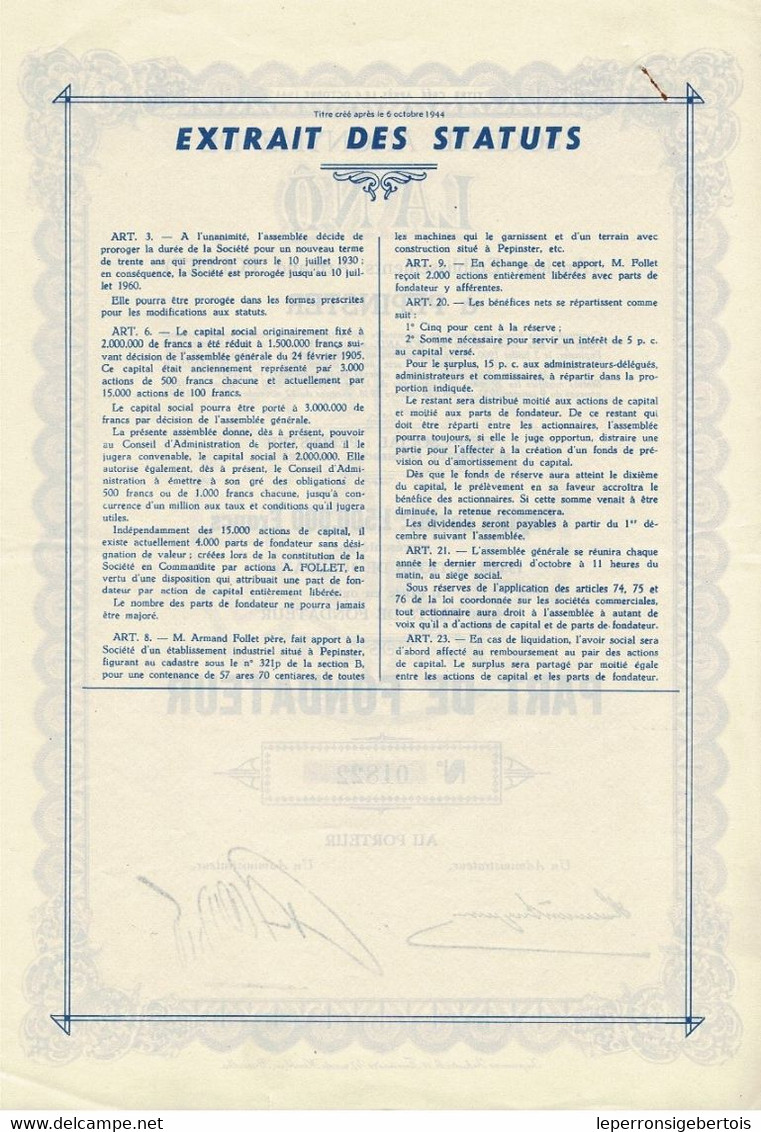 Titre De 1936 - Société Anonyme De Lanö à Pépinster - Anciens Etablissements Armand Follet - - Tessili