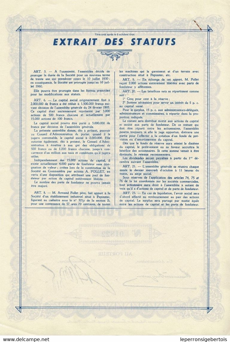 Titre De 1936 - Société Anonyme De Lanö à Pépinster - Anciens Etablissements Armand Follet - - Textiel