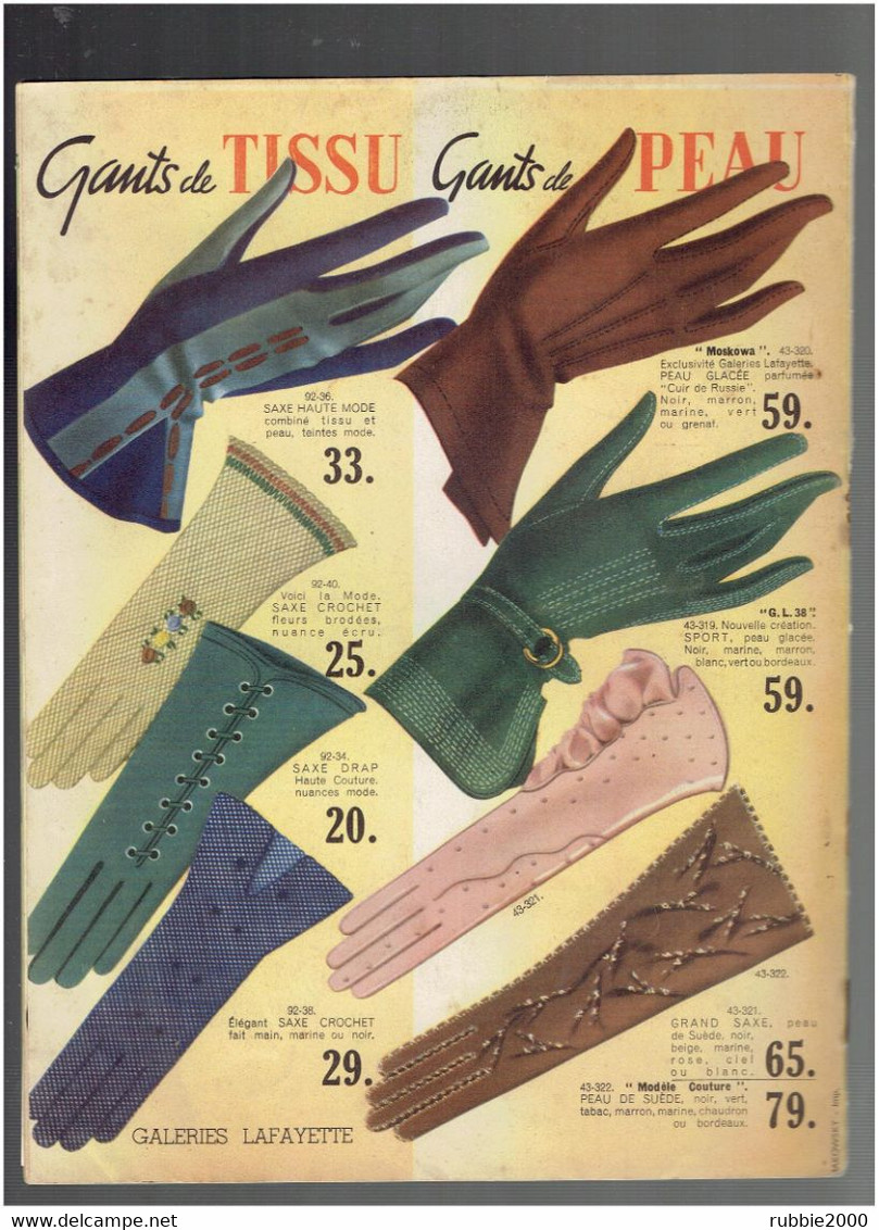 CATALOGUE GALERIES LAFAYETTE 1938 SPECIAL FEMME GANTS DENTELLES CHAUSSURES CHAPEAUX FLEURS PARFUMS MODE BAS DE SOIE - Literatur