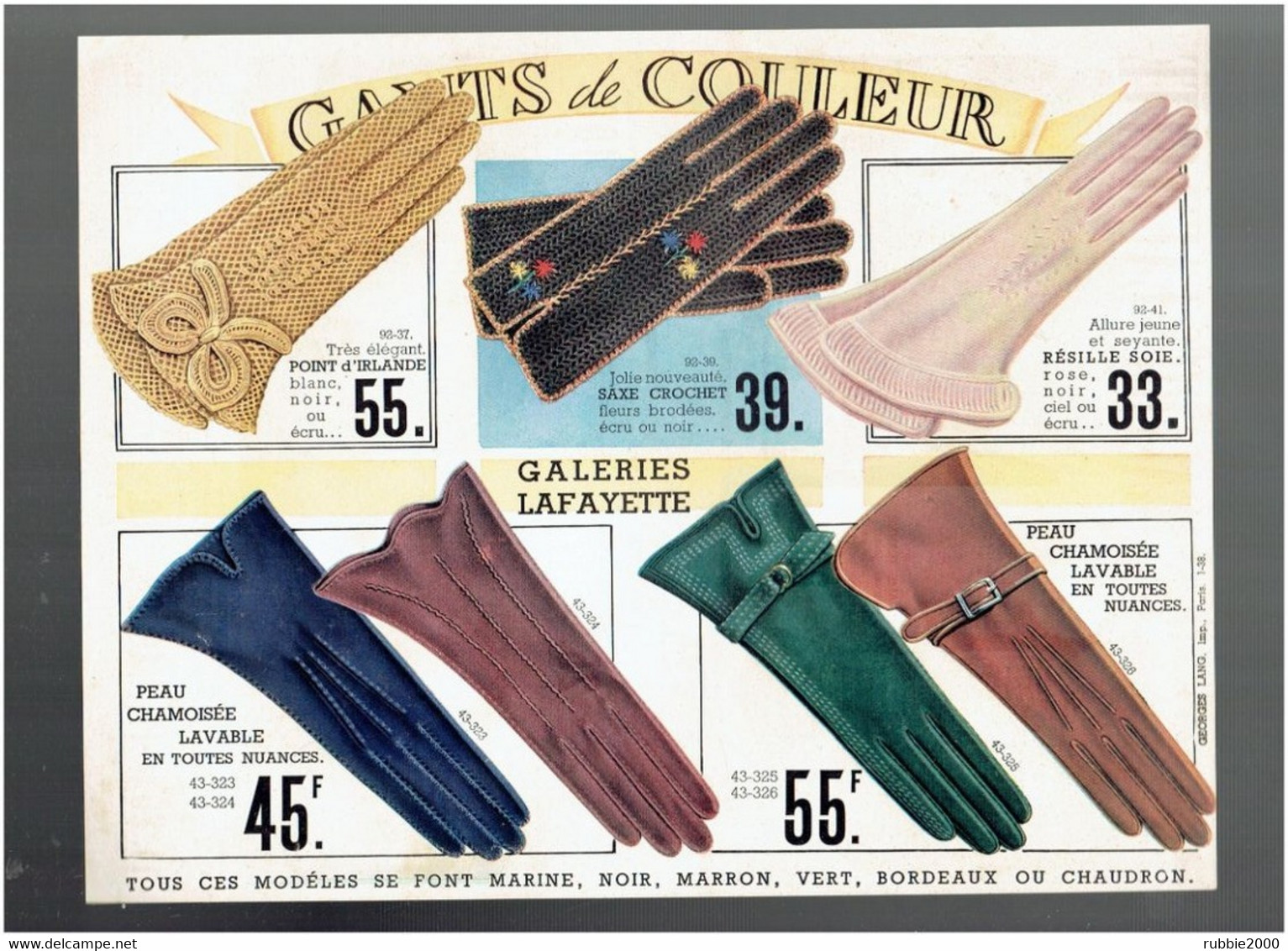 CATALOGUE GALERIES LAFAYETTE 1938 SPECIAL FEMME GANTS DENTELLES CHAUSSURES CHAPEAUX FLEURS PARFUMS MODE BAS DE SOIE - Literatur