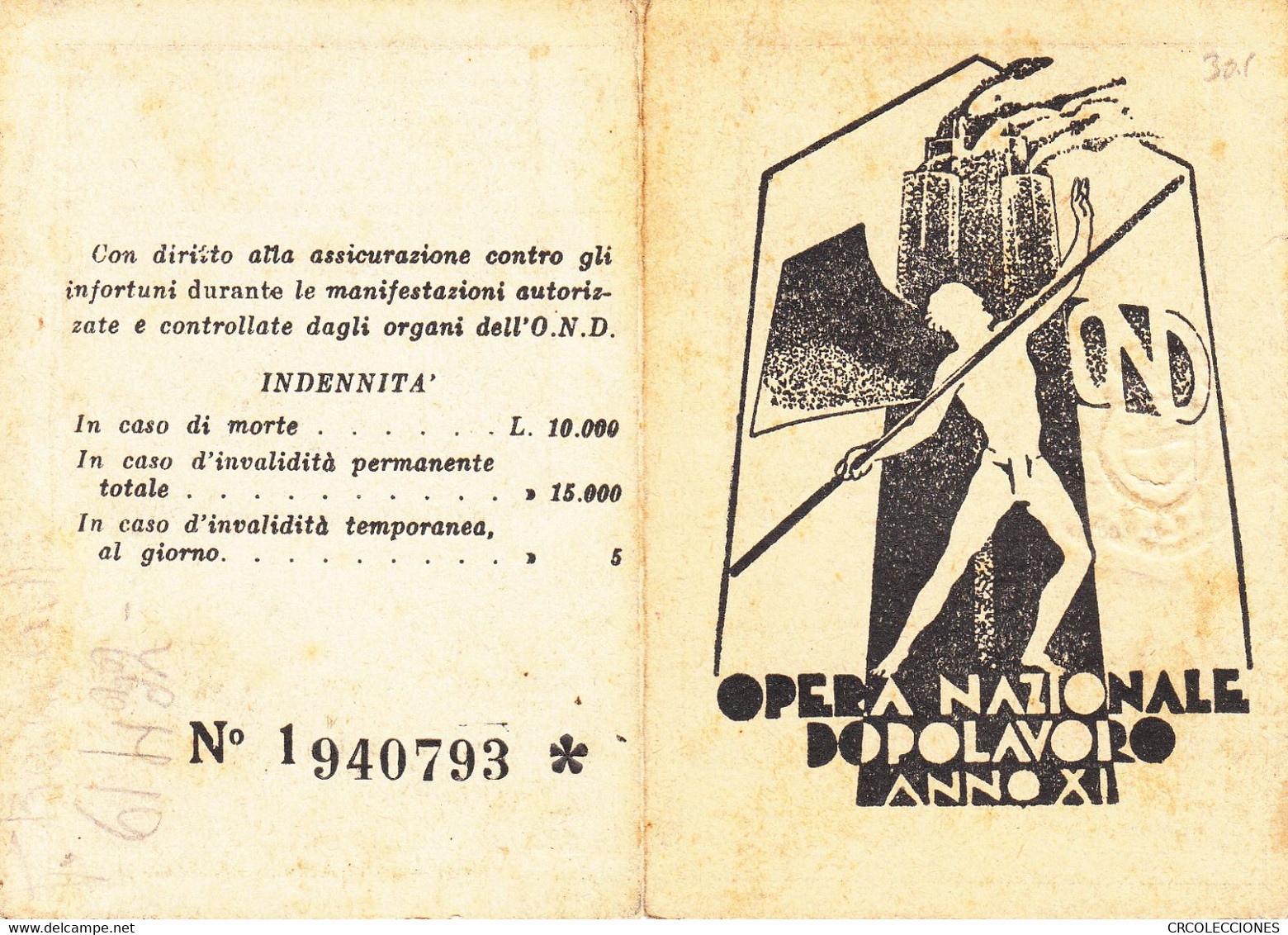 CRCAR280 TARJETA DE IDENTIFICACION DE LA OND DEL AÑO 1933 - Non Classés