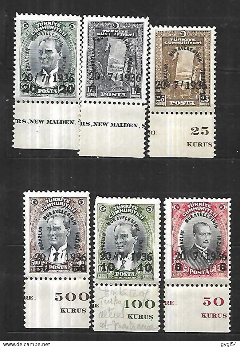 TURQUIE  1936 Convention Des Dardanelles Cat Yt N° 872  à  877 N** MNH  LUXE - 1934-39 Sandjak Alexandrette & Hatay