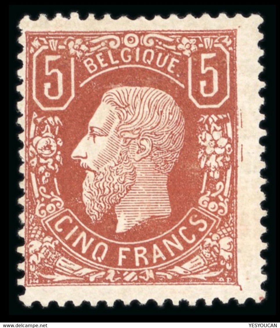 CERTIFICAT SCHELLER: Belgique COB 37 1878 5fr Brun-rouge Neuf * Quasiment TB  (Belgium Mint MH Og - 1869-1883 Leopoldo II