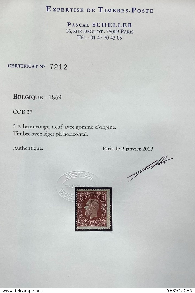 CERTIFICAT SCHELLER: Belgique COB 37 1878 5fr Brun-rouge Neuf * Quasiment TB  (Belgium Mint MH Og - 1869-1883 Léopold II