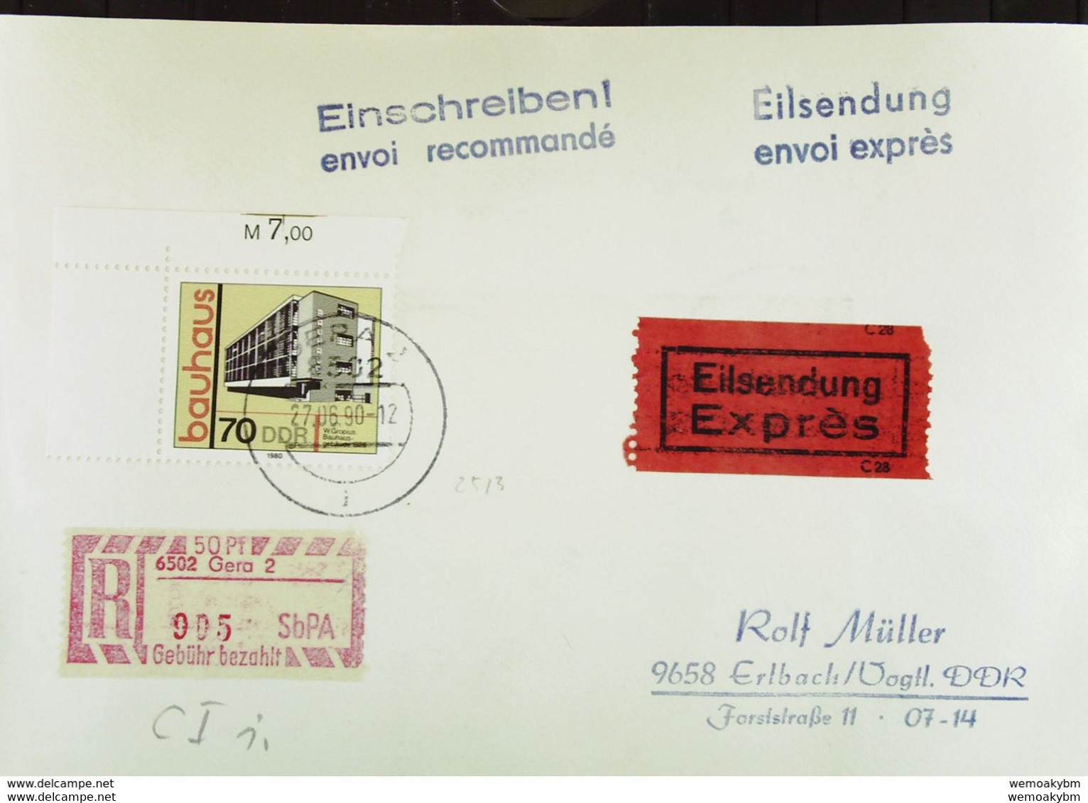 DDR:R-Eil-Fern-Bf 70 Pf Bauhaus-Stil Mit SbPA-R-Zettel 2, 6502 Gera 2 (905), Portogerecht Vom 27.6.90 Knr: 2513 - Etichette Di Raccomandazione