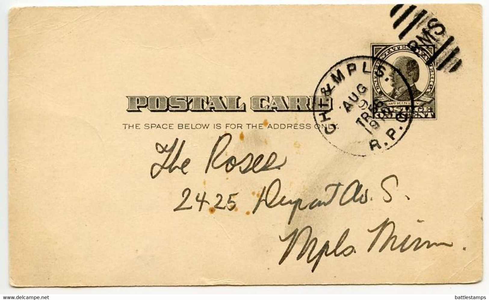 United States 1910 Scott UX19 Postal Card Chicago & Minneapolis RPO; To Minneapolis, Minnesota - 1901-20