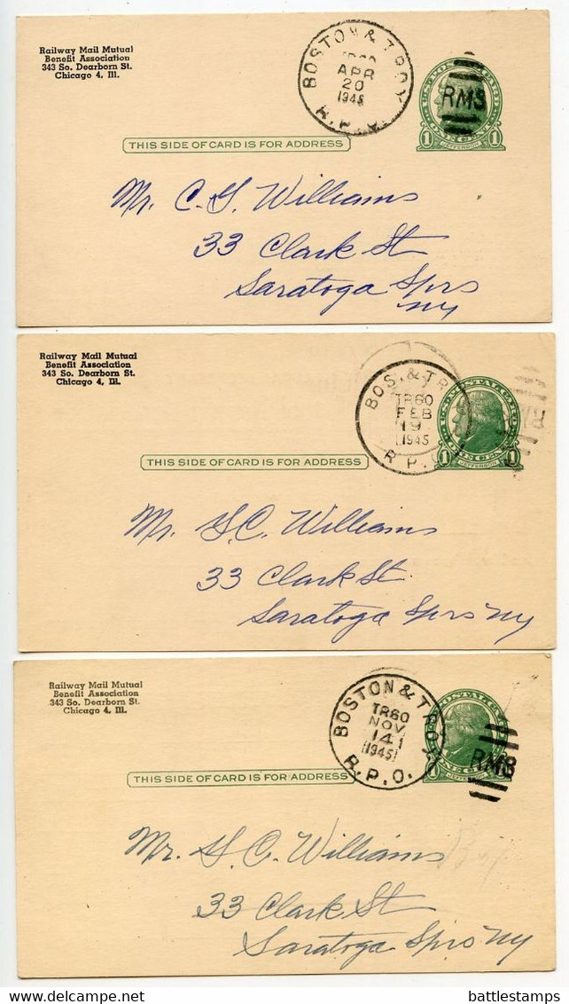 United States 1945 Scott UX27 3 Postal Cards Boston & Troy RPO; Railway Mail Mutual Benefit Association - 1941-60