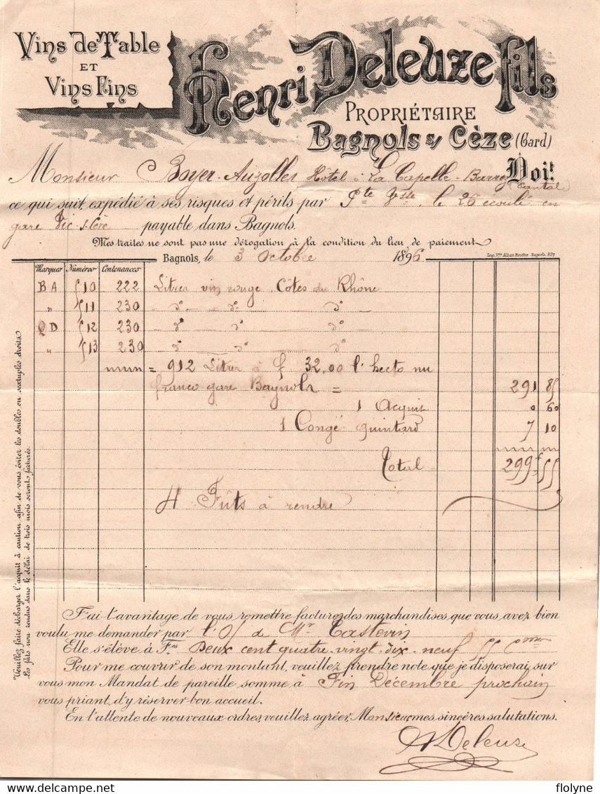 Bagnols Sur Cèze - Facture Ancienne Illustrée - HENRI DELEUZE Fils , Vins Viticulteur - Pub Publicité 1896 - Bagnols-sur-Cèze