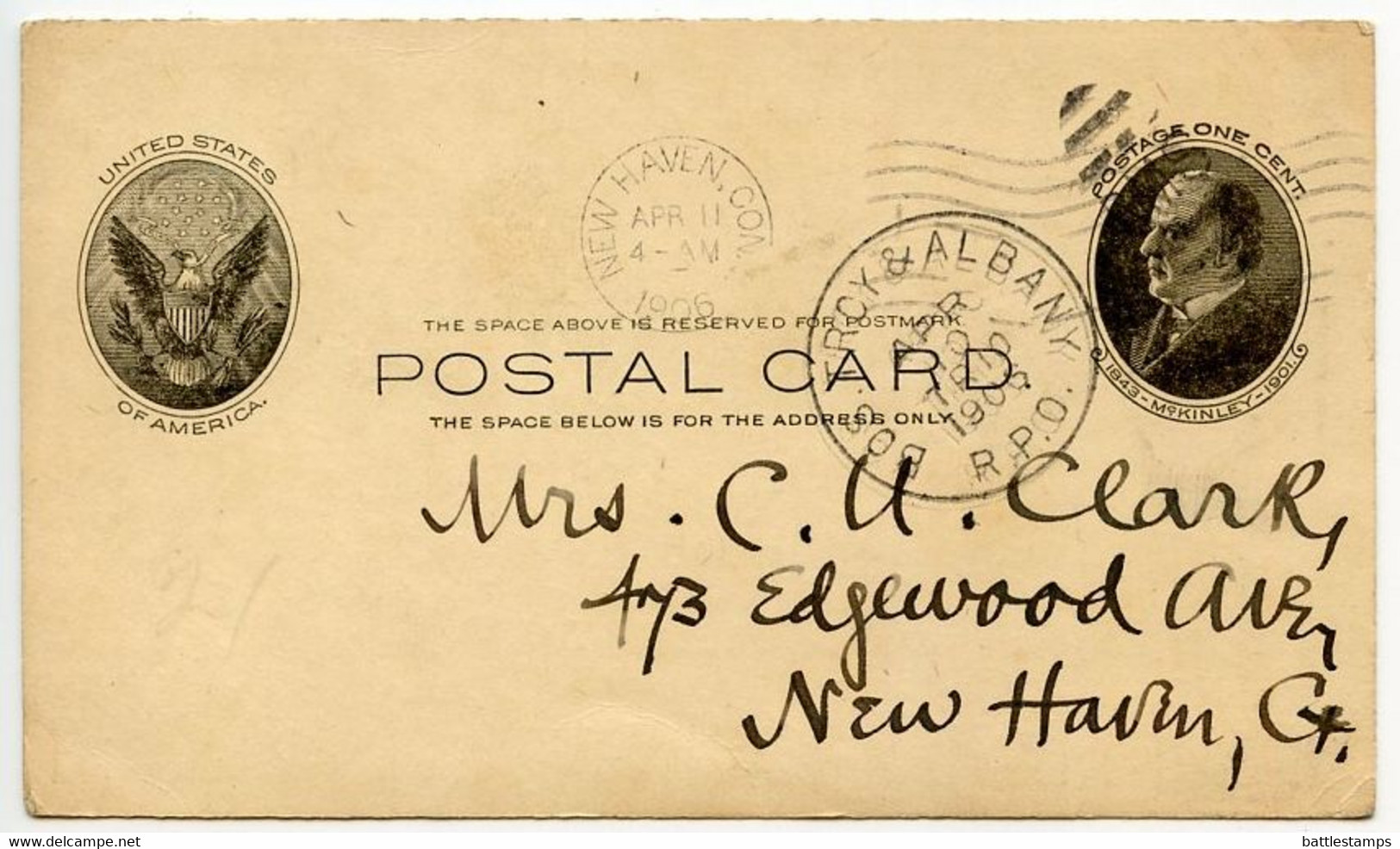 United States 1906 Scott UX18 Postal Card Boston, Troy & Albany RPO Railway Postmark; To New Haven, Connecticut - 1901-20