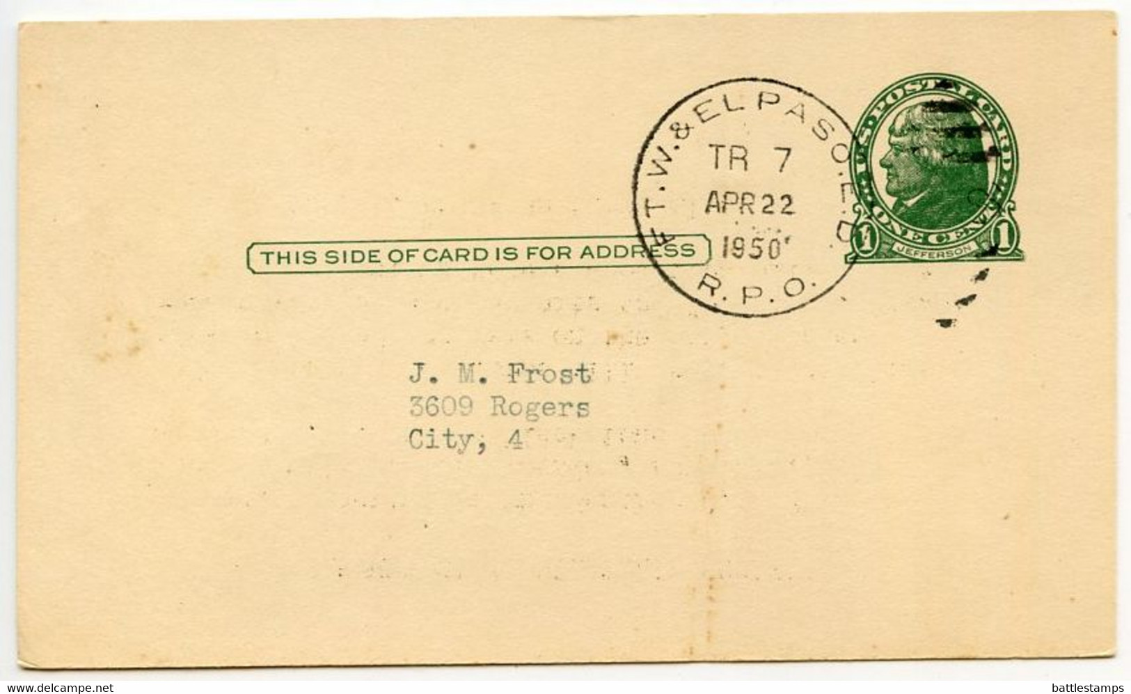 United States 1950 Scott UX27 Postal Card Fort Worth & El Paso ED RPO Railway Postmark; Panther City Philatelic Society - 1941-60