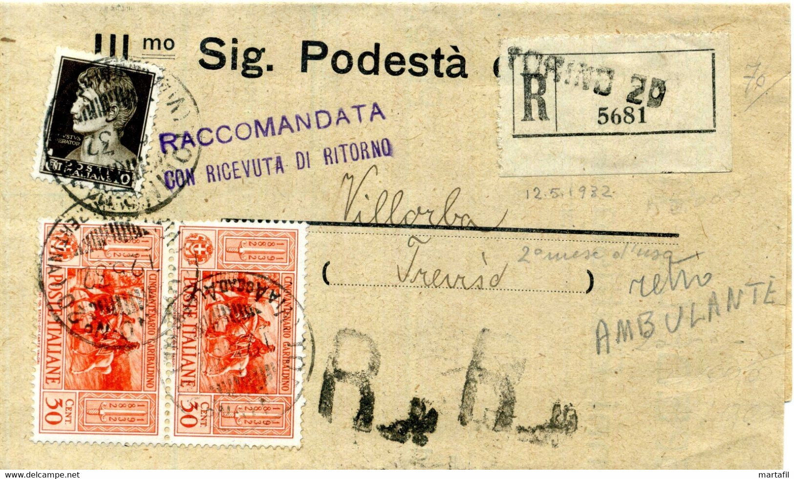 1932 Raccomandata Con R.R. Da TORINO Per VILLORBA TREVISO (annullo Ambulante Su Retro) - Storia Postale