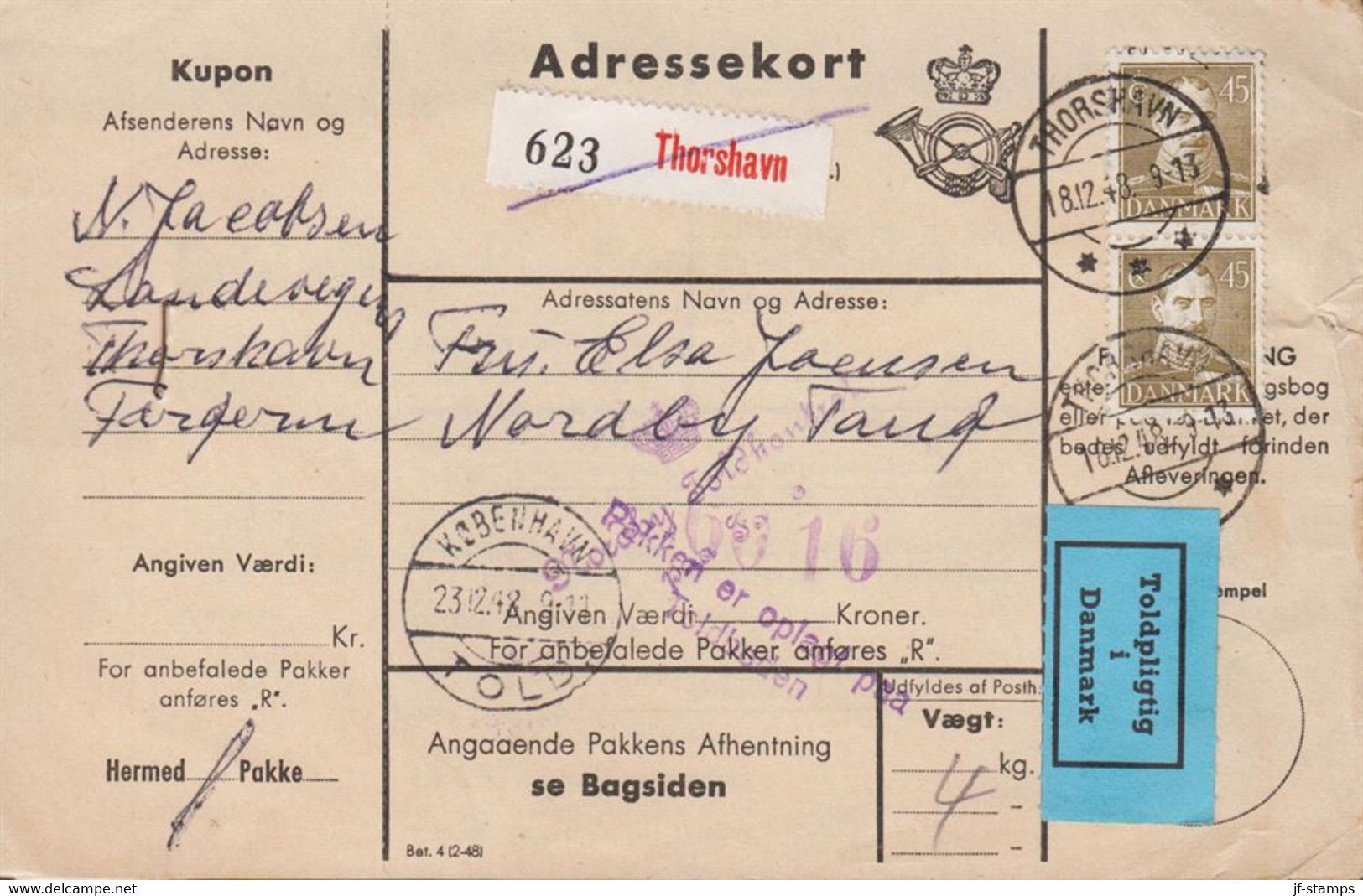 1948. DANMARK. Beautiful Adressekort (small Tear) With Pair 45 Øre Christian X To Nordby Fanø... (Michel 292) - JF529025 - Pacchi Postali