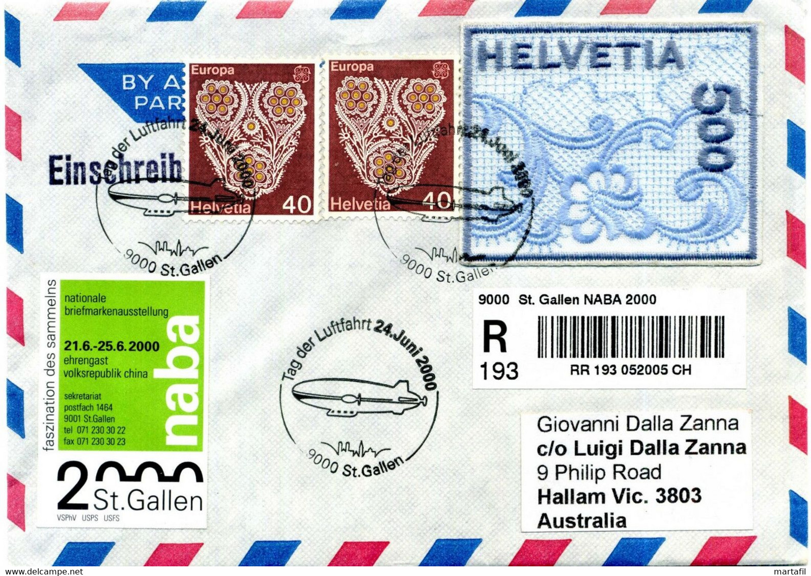 24.6.2000 Tag Der Luftfahrt 9000 St. Gallen NABA 2000 REGISTERED MAIL For AUSTRALIA - Primeros Vuelos