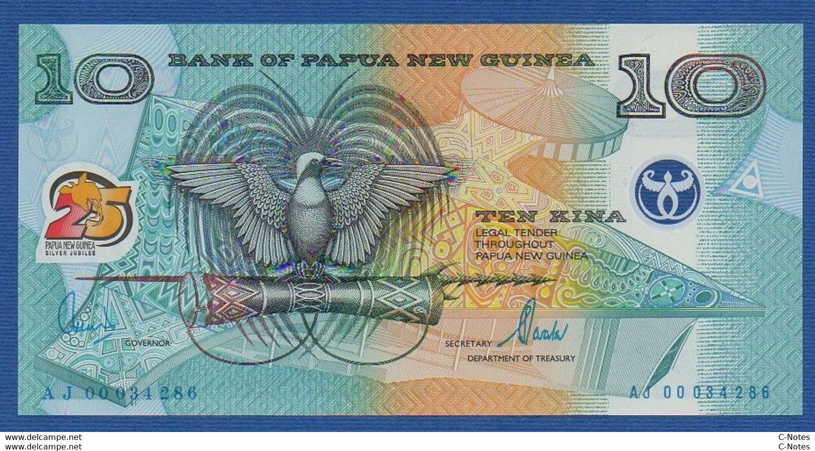 PAPUA NEW GUINEA - P.23 – 10 KINA ND (2000) UNC-, Serie AJ00034286 -Silver Jubilee Papua New Guinea" Commemorative Issue - Papua Nuova Guinea