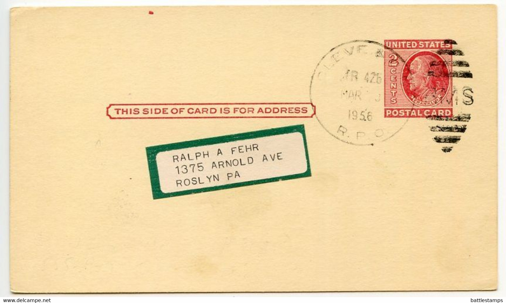 United States 1956 Scott UX38 Postal Card Cleveland & Cincinnati RPO; Dayton, Ohio To Roslyn, Pennsylvania - 1941-60