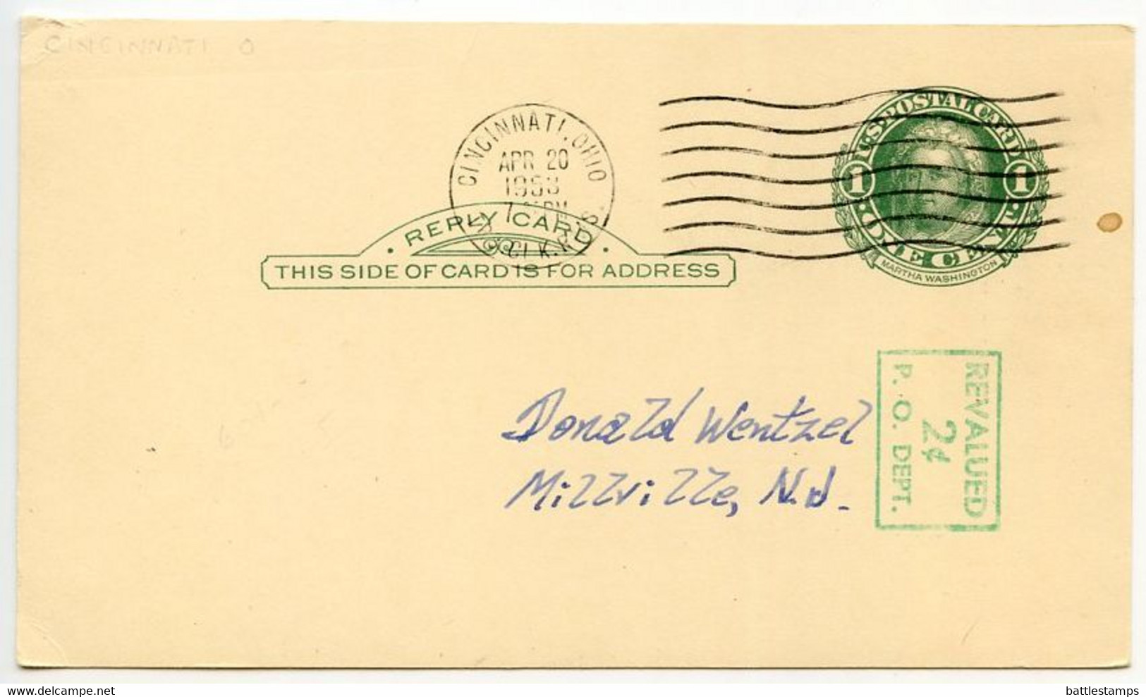 United States 1953 Scott UY14r Postal Reply Card Cincinnati, Ohio Transfer Clerk RMS Cancel; To Millville, New Jersey - 1941-60