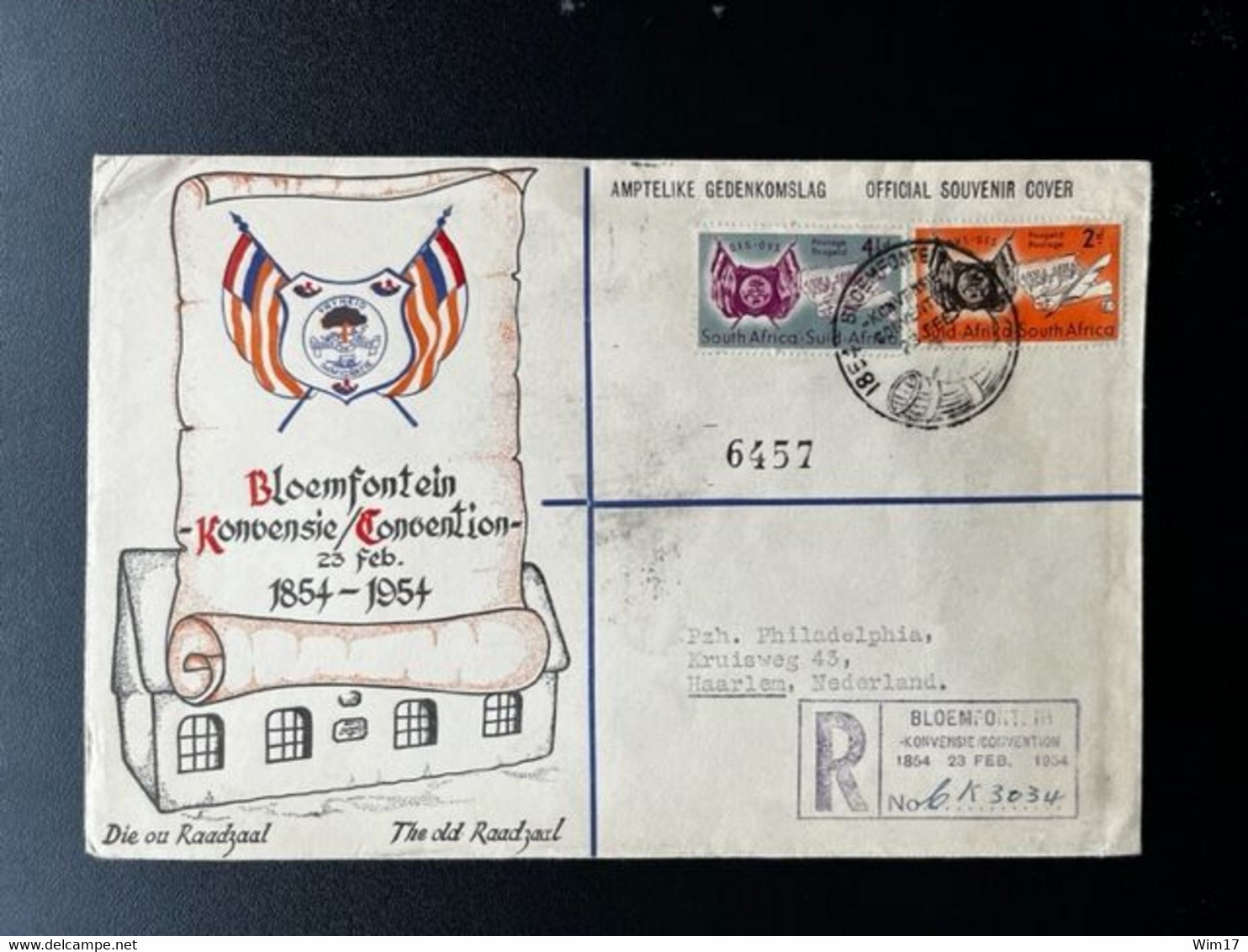 SOUTH AFRICA 1954 REGISTERED FDC BLOEMFONTEIN TO HAARLEM ZUID AFRIKA - FDC