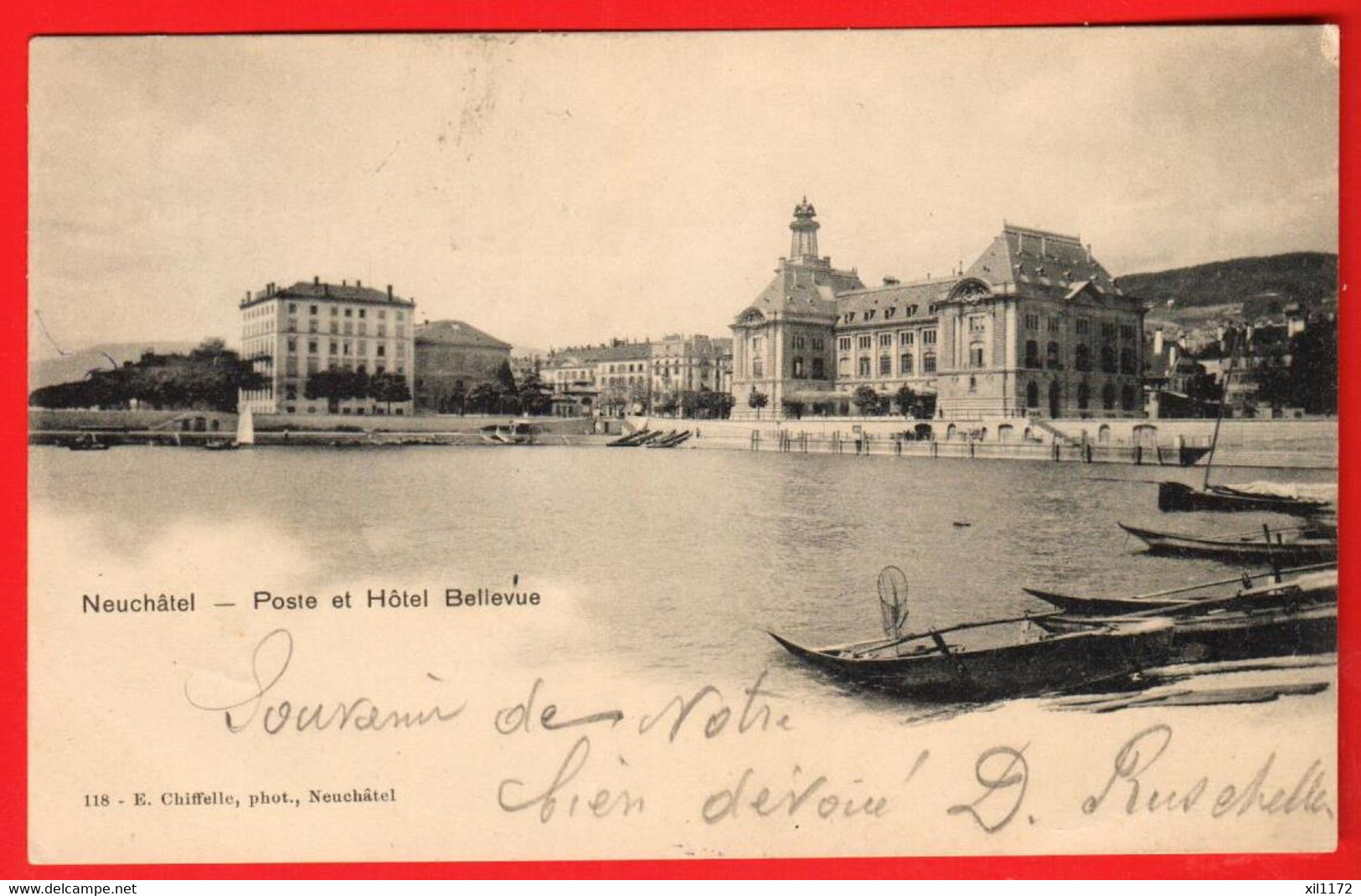 QAH-37  Neuchâtel  Poste Et Hotel Bellevue. Barques Dos Simple, Circulé Vers Cernier  1902 - Cernier