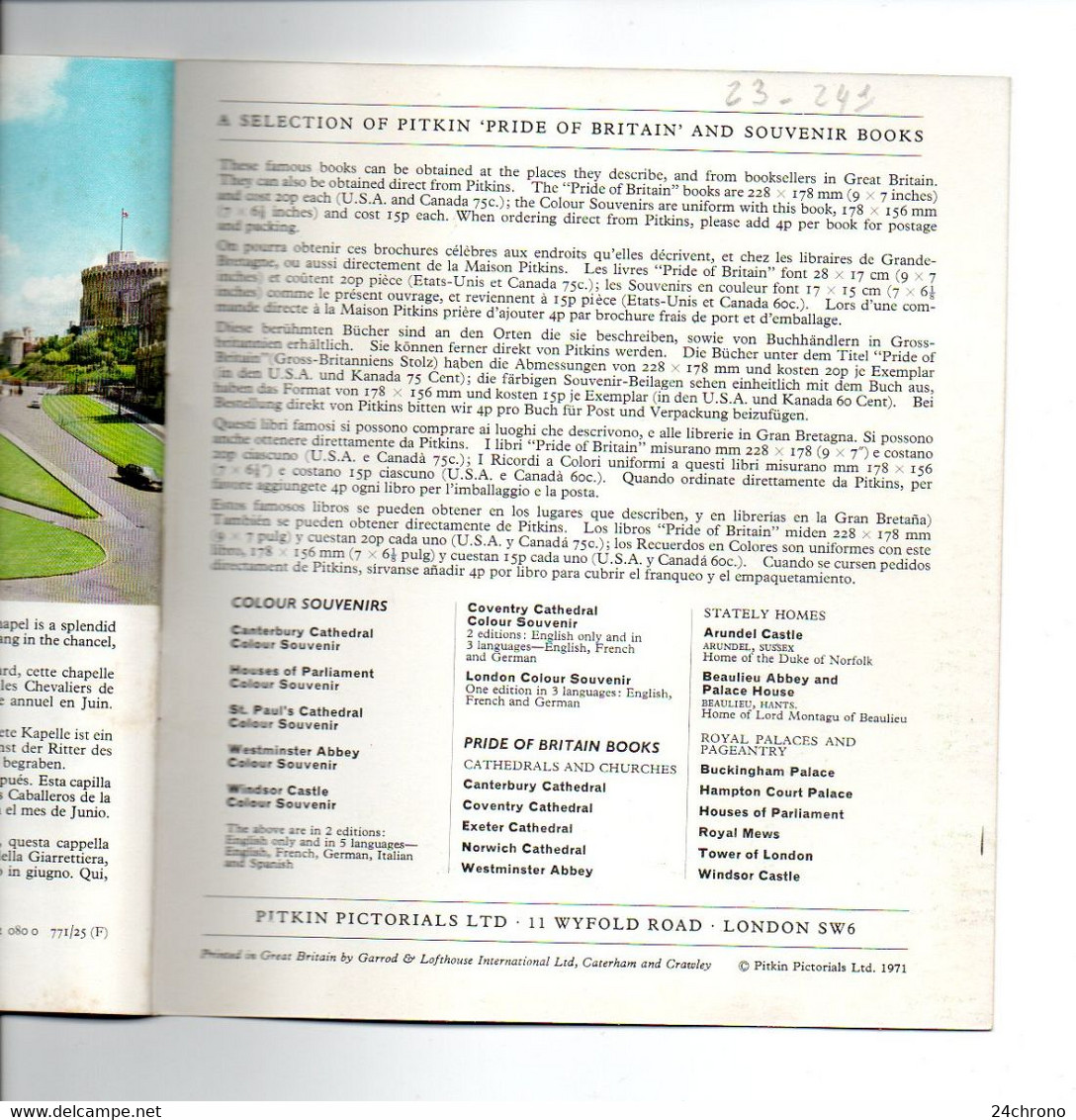 Windsor Castle: English, Français, Deutsch, Espanol, Italiano, 1971, Pitkin Pictorials LTD (23-241) - Cultural