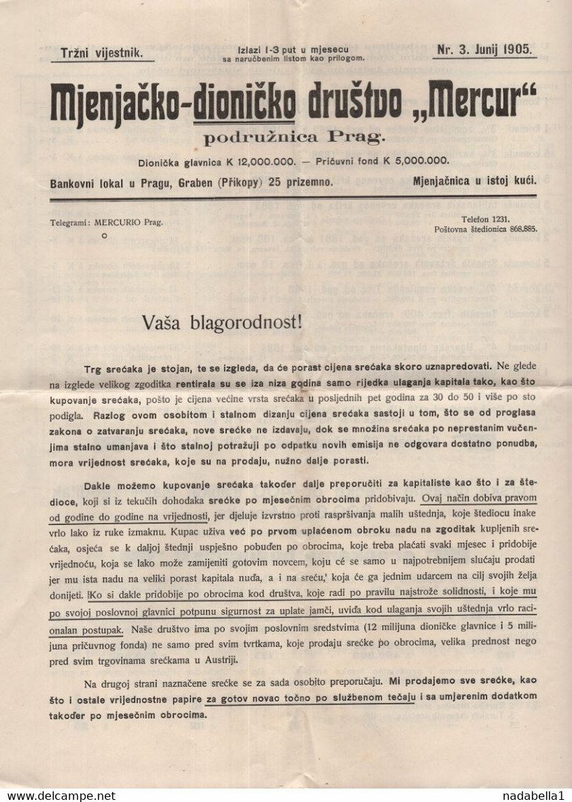 1905. CZECHIA,PRAGUE BRANCH,MERKUR EXCHANGE - SHAREHOLDING SOCIETY,LOTTERY MARKET BULLETIN,SERBO CROATIAN ISSUE - Other & Unclassified