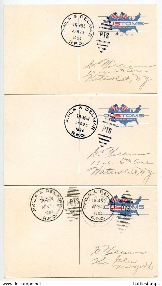 United States 1964 Scott UX50 Customs 3 Postal Cards, Philadelphia & Delmar RPO Postmarks - 1961-80