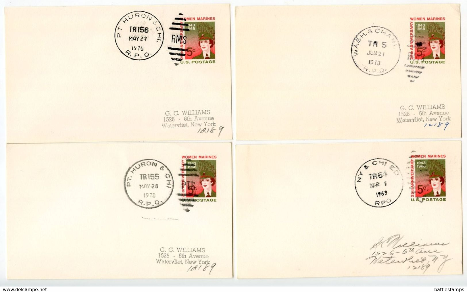 United States 1969-1971 Scott UX56 Women Marines 10 Postal Cards, Mix Of Railway Post Office Postmarks - 1961-80