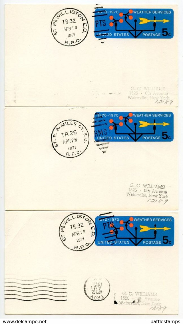 United States 1971 Scott UX57 Weather Service 5 Postal Cards, Mix Of Railway Post Office Postmarks - 1961-80