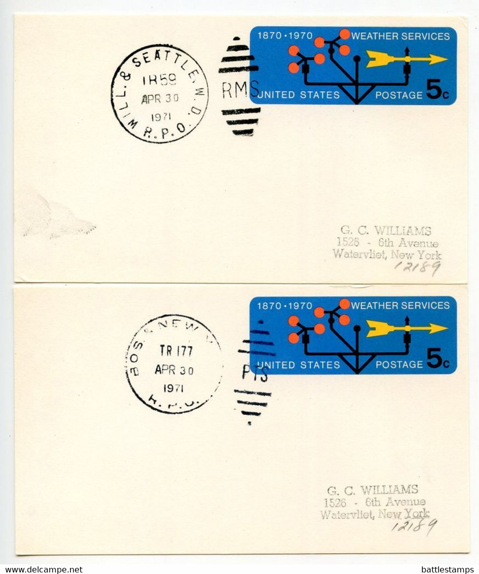 United States 1971 Scott UX57 Weather Service 5 Postal Cards, Mix Of Railway Post Office Postmarks - 1961-80