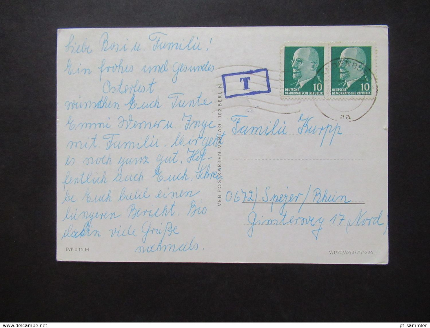 DDR 1960er Jahre Postkarte Blumenmotiv / Blumenvase Mit Löwenzahn Und Mit Violettem Nachporto Stempel T - Briefe U. Dokumente