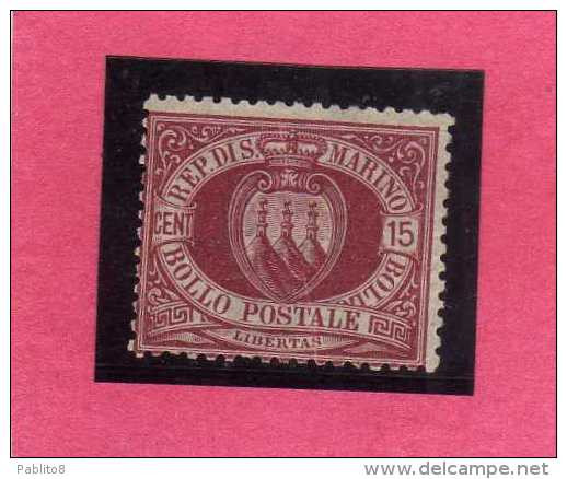 SAN MARINO 1892 - 1894 STEMMA COAT OF ARMS ARMOIRIES CENT.15 MNH FIRMATO SIGNED - Unused Stamps