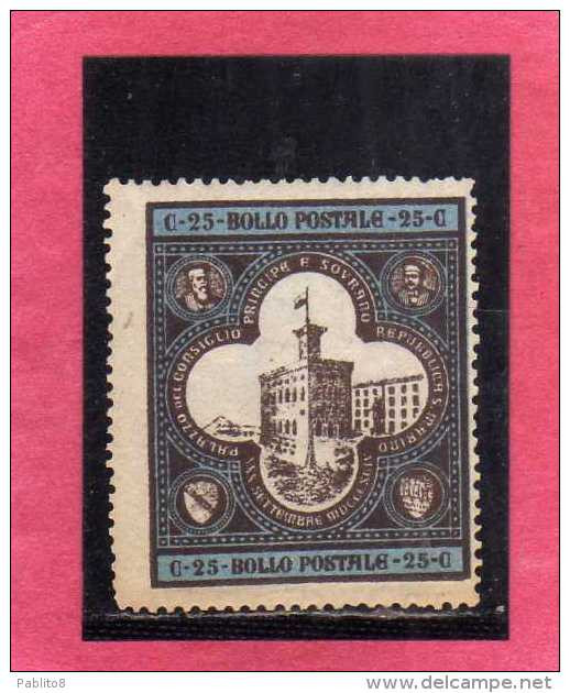 SAN MARINO 1894 INAUGURAZIONE DEL PALAZZETTO DEL GOVERNO CENTESIMI 25 BRUNO SCURO E ROSSO MNH DISCRETA CENTRATURA - Neufs