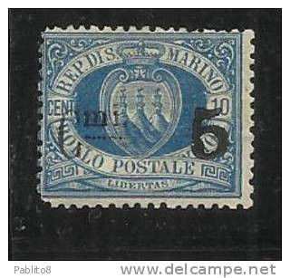 SAN MARINO 1892 STEMMA SOPRASTAMPATO SURCHARGE CENTESIMI 5 SU 10 AZZURRO MH VARIETY VARIETA' - Unused Stamps