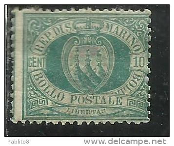 SAN MARINO 1892 - 1894 CIFRA O STEMMA CENTESIMI 10 CENTESIMI VERDE AZZURRO MNH - Neufs