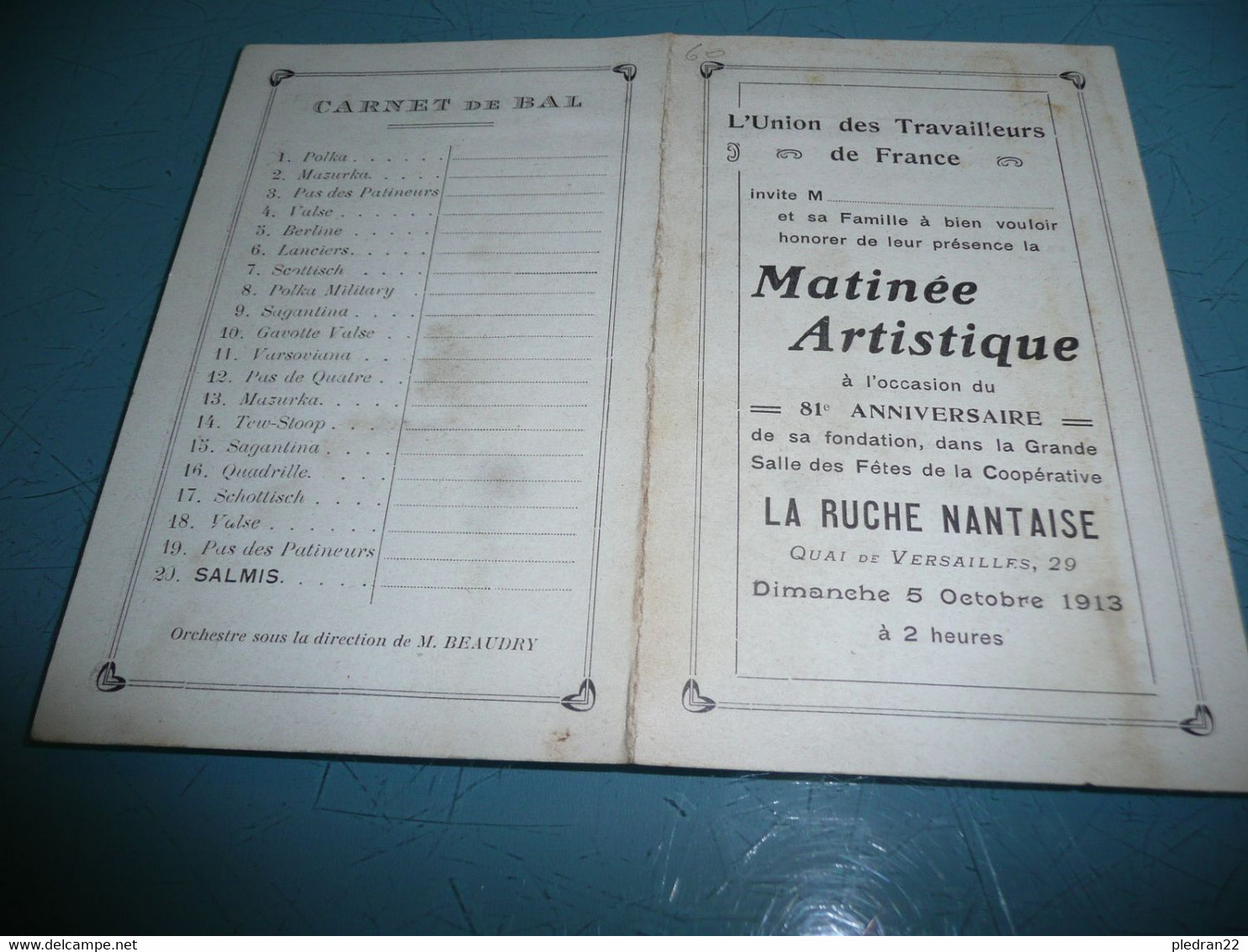 ANCIEN PROGRAMME MATINEE ARTISTIQUE UNION TRAVAILLEURS DE FRANCE NANTES LOIRE INFERIEURE ATLANTIQUE CARNET DE BAL 1913 - Programmes