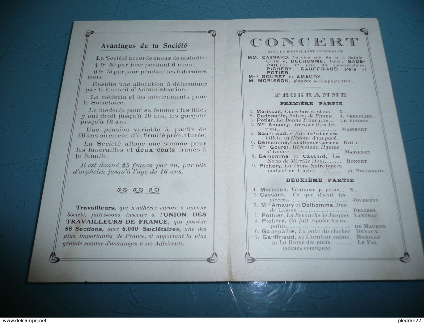 ANCIEN PROGRAMME MATINEE ARTISTIQUE UNION TRAVAILLEURS DE FRANCE NANTES LOIRE INFERIEURE ATLANTIQUE CARNET DE BAL 1913 - Programmes