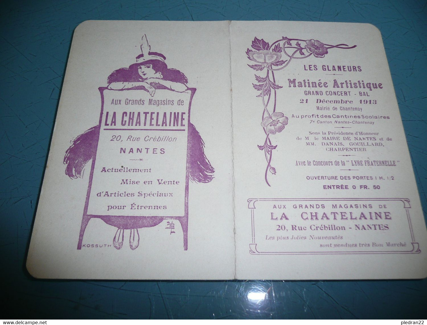 ANCIEN PROGRAMME MATINEE ARTISTIQUE LES GLANEURS CHANTENAY LOIRE INFERIEURE ATLANTIQUE CARNET DE BAL 1913 - Programma's