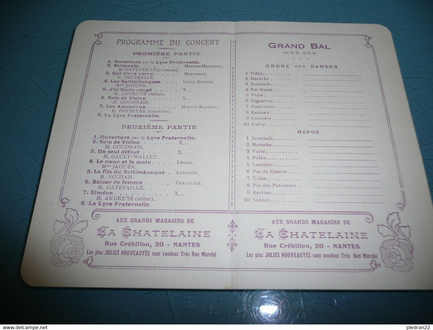 ANCIEN PROGRAMME MATINEE ARTISTIQUE LES GLANEURS CHANTENAY LOIRE INFERIEURE ATLANTIQUE CARNET DE BAL 1913 - Programmes