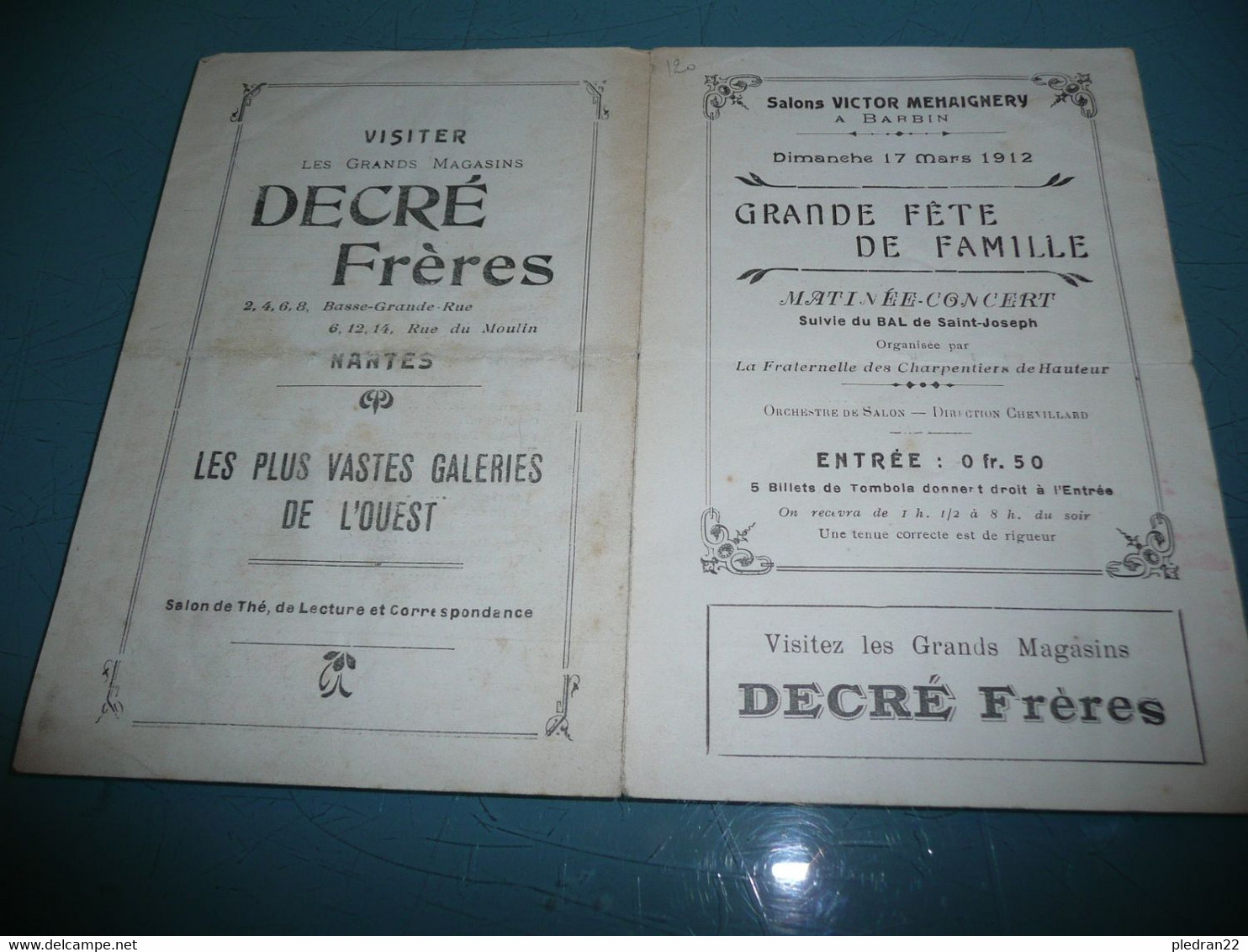 ANCIEN PROGRAMME GRANDE FETE DE FAMILLE BARBIN NANTES LOIRE INFERIEURE ATLANTIQUE CARNET DE BAL 1912 - Programmes